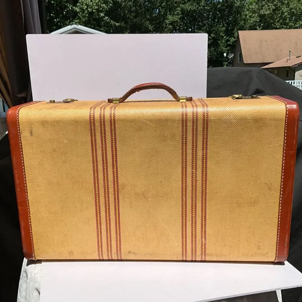 Large striped vintage suitcase great display piece must see brown & rust colors